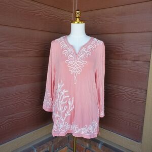 bua//bua Women's Coral Pink & White Embroidered Long Sleeve Tunic Top Size Large